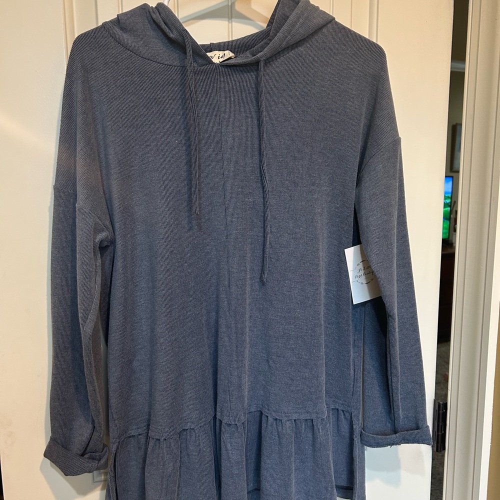 Women's Slate Blue Hoodie Tunic with Ruffled Hem